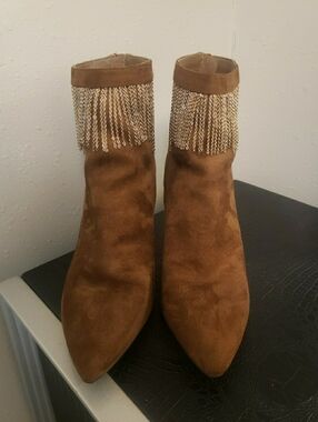 Brown Suede Fringe Chain Ankle Boots